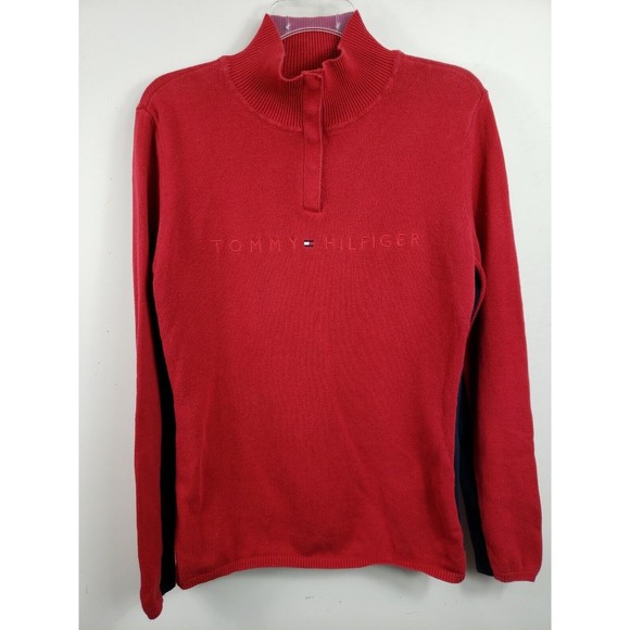 TOMMY HILFIGER WOMEN'S SZ L RED 1/4 snap RIB KNIT COTTON SPELLOUT SWEATER - Picture 1 of 9